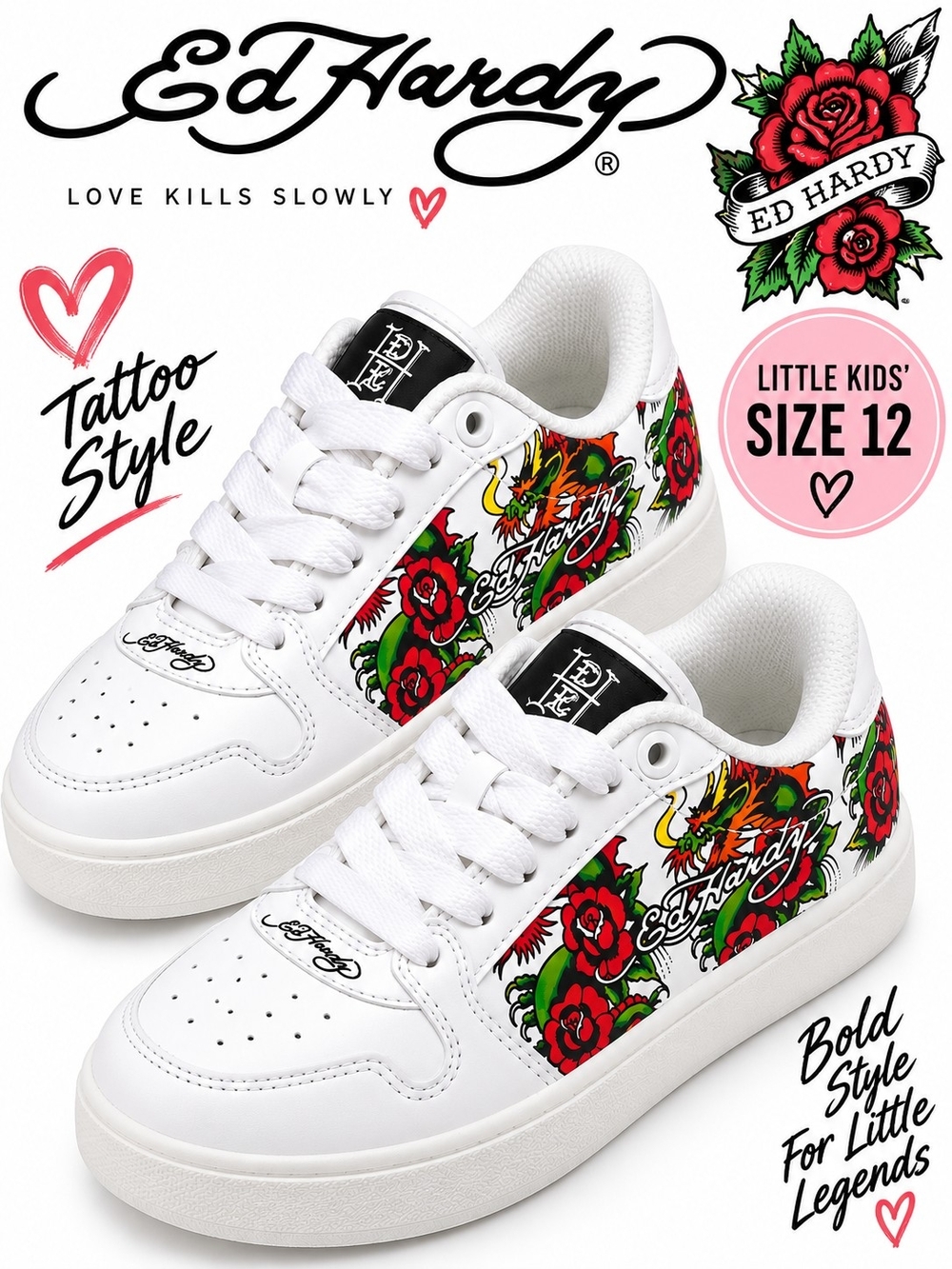 Ed Hardy Toddler Sneakers Floral White & Red Boys Size: 12 - Brand New!